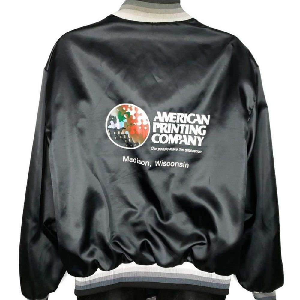 American Printing Company Satin Bomber Jacket Vintage 80s Made In USA Mens XL
